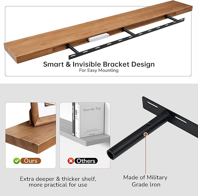 Floating Shelves for Wall, USA-Sourced Fir Wood 55 Inch Wall Shelves Set of 1, Natural Rustic Solid Wooden Floating Shelves Wall Mounted, Nursery Book Storage Shelf, Display Shelf for Bathroom-Ruum Studio Home