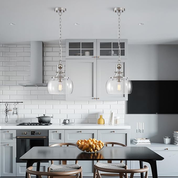 WUZUPS Chandelier Rustic Farmhouse Industrial Round Ceiling Pendant LED Light Fixture with Clear Glass Shades for Dining Room Kitchen Island Foyer Entryway, H 13" x W 10", E26 Base, Brushed Nickel-Ruum Studio Home