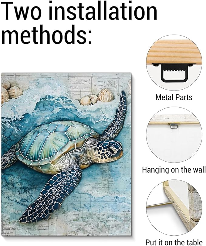 Coastal Sea Turtle Canvas Wall Art Turtle Nautical Ocean Theme Print Poster Framed Picture Painting for Home Beach House Bedroom Wall Decor 8x10 Inch-Ruum Studio Home
