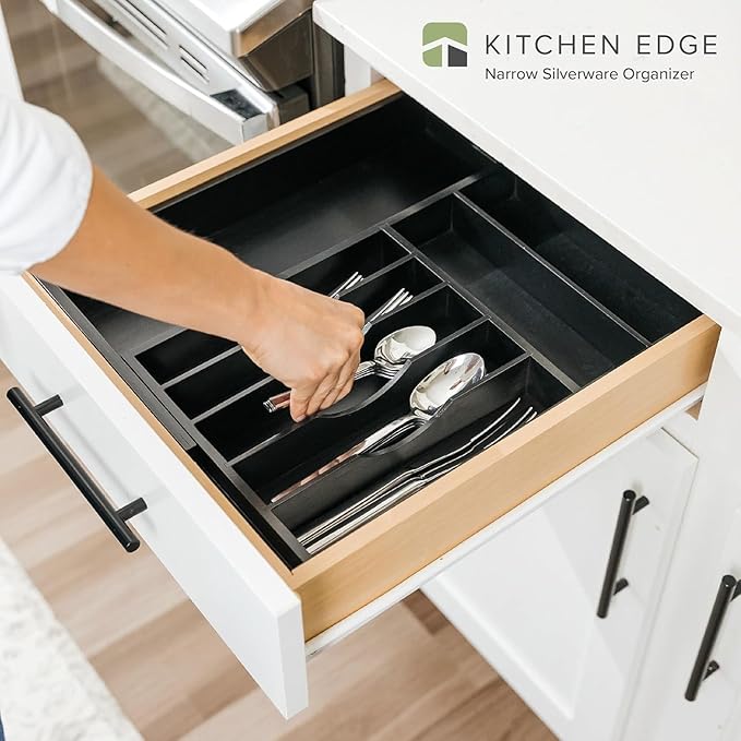 Premium Silverware, Flatware and Utensil Organizer for Kitchen Drawers, Food-Safe Contract Grade, Expandable from 10.5 to 19 In, Black Bamboo-Ruum Studio Home