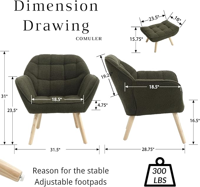 Green Sherpa Accent Chair with Ottoman ，Modern Reading Chair with Ottoman Set, Comfy Fuzzy Armchair Living Room Chair Lounge Chair with Wood Legs for Small Spaces Bedroom Apartment-Ruum Studio Home