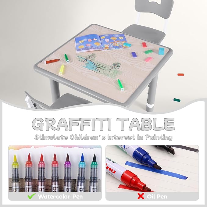 Toddler Table and Chair Set, Height Adjustable-Upgrade Kids Table and 2 Chairs for Ages 3-8, Multi-Activity Toddler Play Table with Graffiti Desktop for Home/Daycare/Classroom-Ruum Studio Home