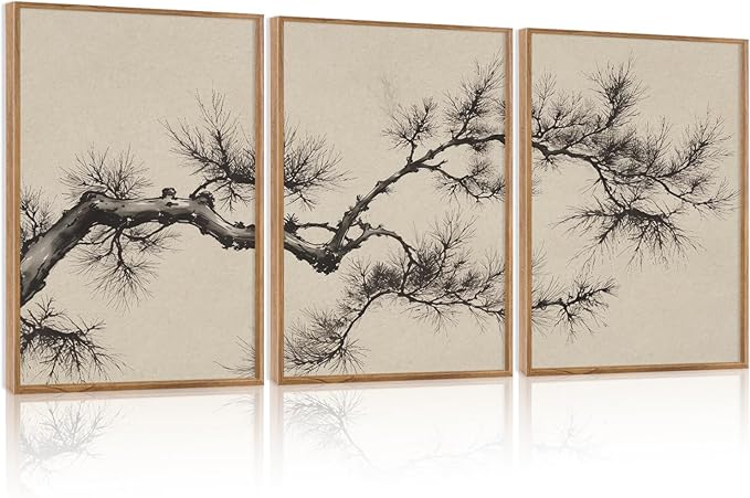 HPNIUB Vintage Sketch Pine Tree Framed Canvas Wall Art Set, Brown Antique Tree Branch Wall Decor, Nature Botanical Art Print, Modern Landscape Pictures for Living Room, Bedroom, Office- 16 x24 x3-Ruum Studio Home