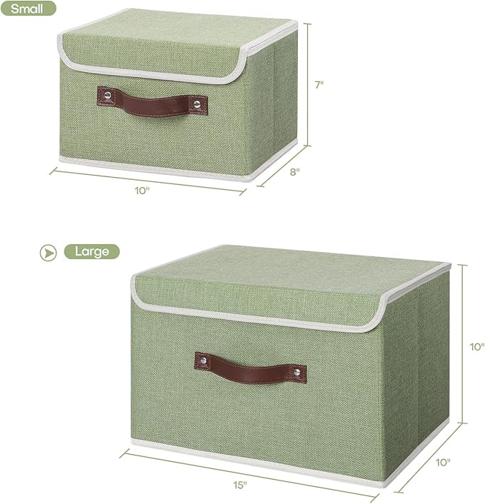 ANMINY 2PCS Storage Bins with Lid PU Leather Handles Storage Boxes PP Plastic Board Decorative Foldable Lidded Cotton Linen Fabric Home Cubes Baskets Closet Organizer Containers - Green, Large Size-Ruum Studio Home