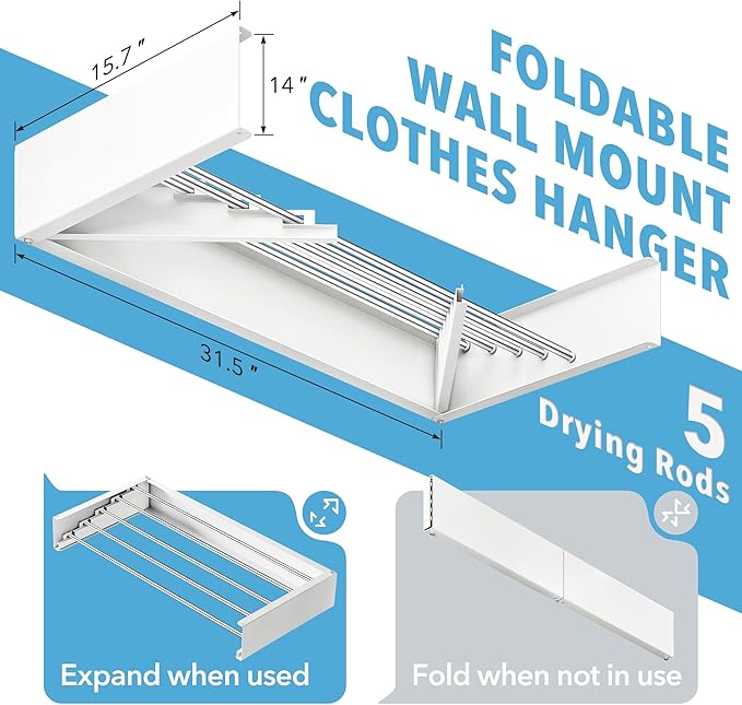Drying Rack Clothing,Clothes Drying Rack Wall Mounted,Collapsible Hanging Racks for Laundry,Laundry Drying Rack,Wall Mounted Clothes Rack(31.5"-White) (White, 31.5 Inch)-Ruum Studio Home