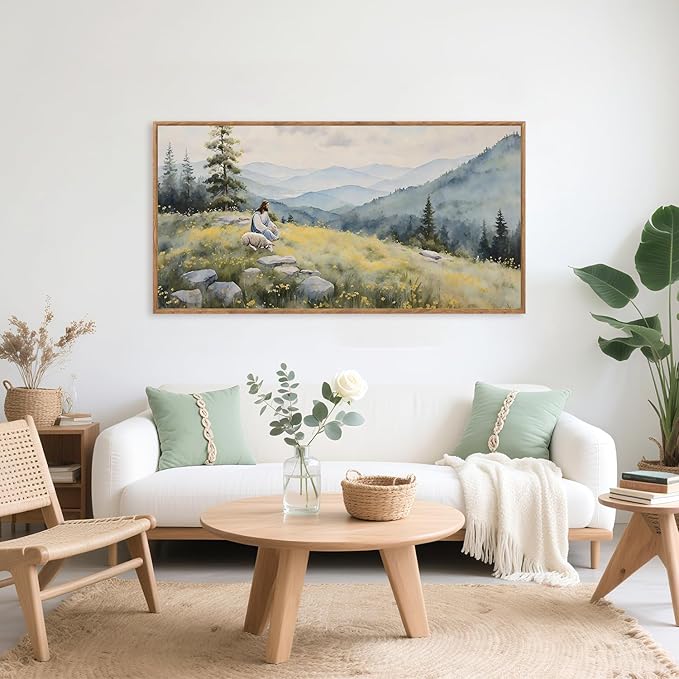Aurlan Christian Jesus with Lost Sheep Wall Art(40"x20"), Boho Religious Lamb The Good Shepherd Psalm 23 Canvas Artwork, Large Abstcat Watercolor Vintage Nature Landscape Bible Story Decor for Home Dining Room Christ Gift-Ruum Studio Home