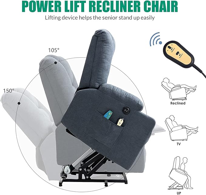 VIVIJASON Power Lift Chair Electric Recliner for Elderly Heated Vibration Massage Soft Fabric Recliner Chair with 2 Remote Controls, USB Ports, Side Pockets & Cup Holders for Living Room (Blue)-Ruum Studio Home