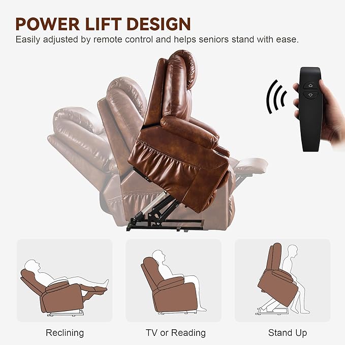 SALOHZA Power Lift Recliner Chair for Elderly with Massage and Heat for Living Room, Electric Recliner Chair for Adults with USB/Type C Port/Cup Holders, PU Faux Leather, Light Brown-Ruum Studio Home