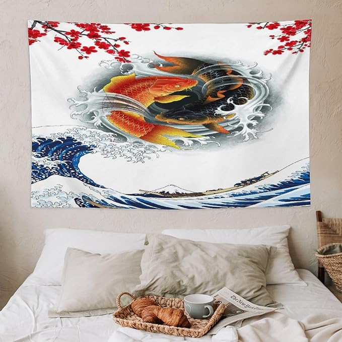 Houselerax Koi Fish Tapestry, Japanese Style Yin Yang Big Wave Cherry Blossoms Tapestries Wall Hanging for Bedroom Living Room Office Decor 60"x40"-Ruum Studio Home