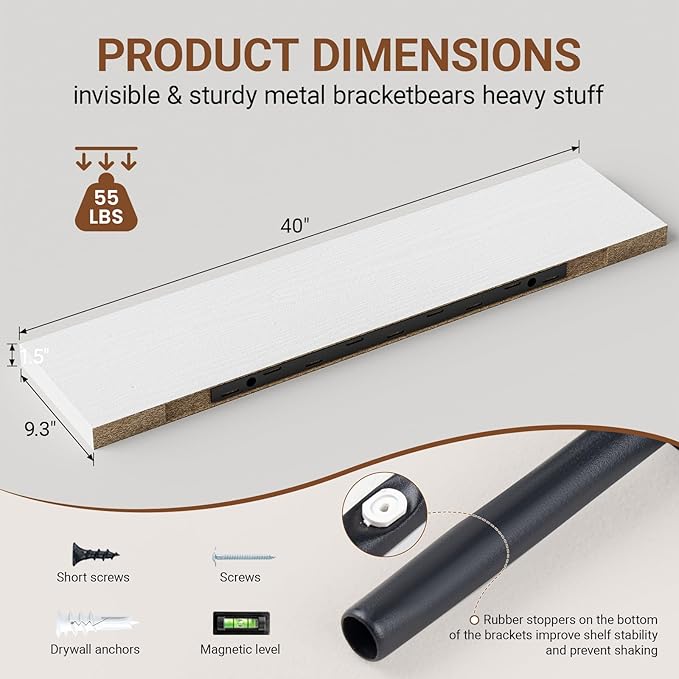 40 Inches Floating Shelves for Wall,9.3" Deep White Long Floating Shelves Set of 2,Large Display & Storage Shelf,Wall Shelf for Bathroom Bedroom Living Room Kitchen Office-Ruum Studio Home