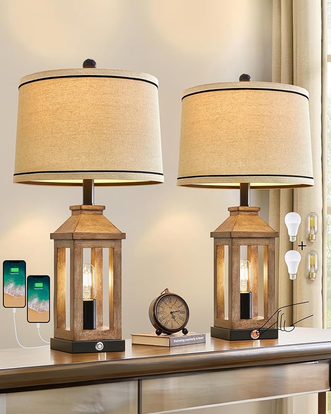23.75" Farmhouse Dual USB Charging Ports 3-Way Dimmable Touch Control Table Lamp with Nightlight Vintage Modern Lamps for Living Room Bedroom-Ruum Studio Home