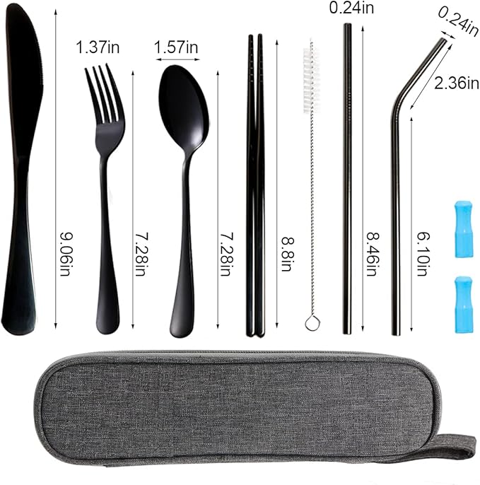 Travel Utensils Set with Case Reusable Portable Cutlery Set Stainless Steel 8pcs Including Dinner Knife Fork Spoon Chopsticks straws(Black)-Ruum Studio Home