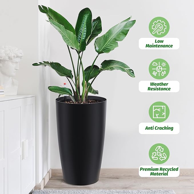 22" Tall Round Planter Set of 2, Self Watering Pots for Indoor Plants, Large Flower Pot Outdoor with Built-in Drainage and a Water Level Monitor, for Patio, Porch, Living Room, or Home Office, Black-Ruum Studio Home