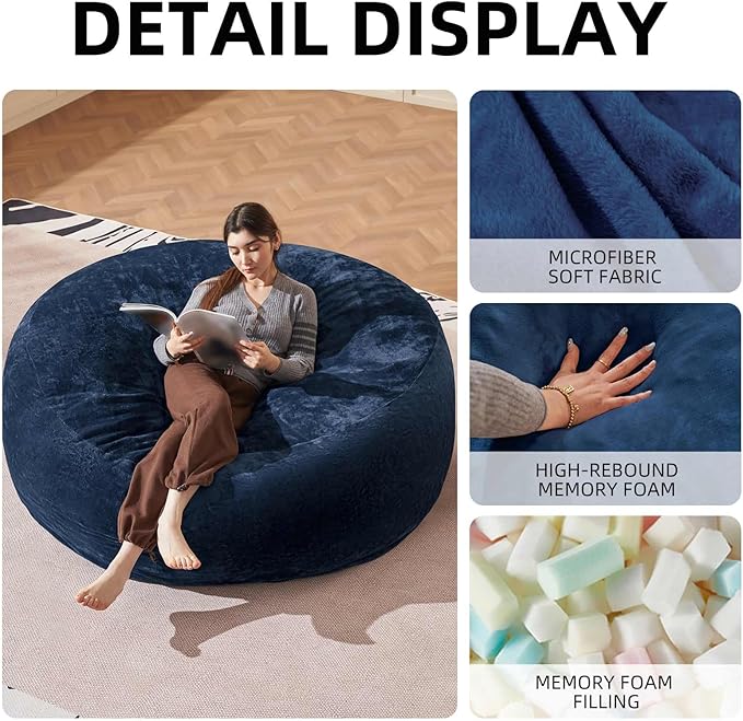 Bean Bag Chair 6Ft, Memory Foam Filled, Large Beanbag Chairs for Adults and Teens, Soft Sofa with Removable Flannel Cover, Round Couch for Living Room Bedroom College Dorm (Blue, 6FT-67×67"×24")-Ruum Studio Home