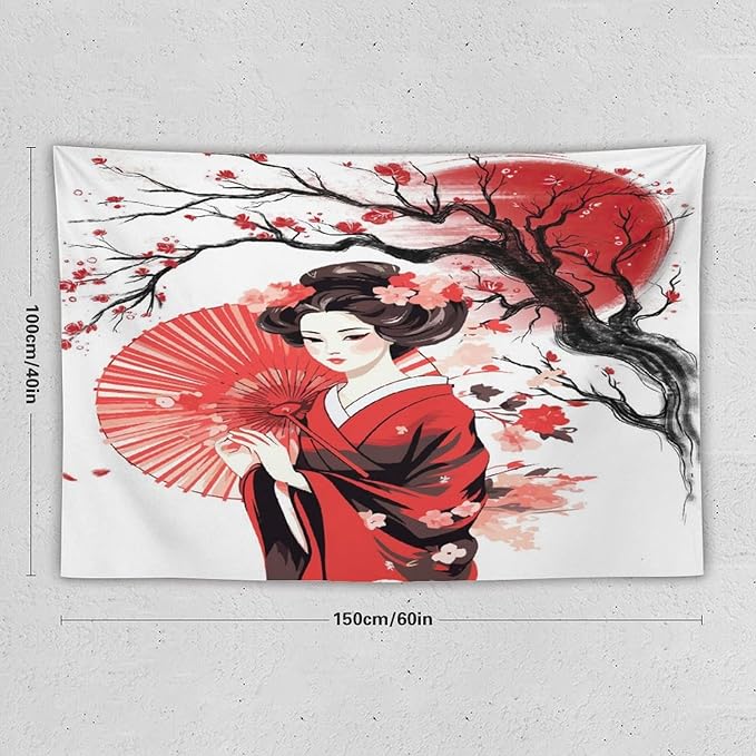 Japanese Red Geisha Tapestry Asian Cherry Blossom Traditional Kimono Folk Tapestries Home Decor for Living Room Bedroom Apartment Farmhouse Dorm 60"x40"-Ruum Studio Home