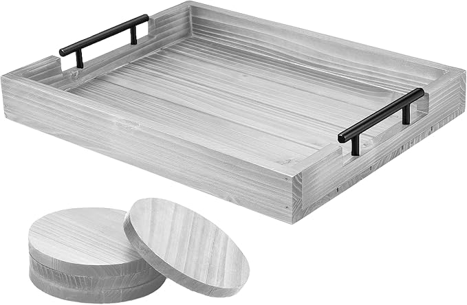 Ottoman Tray | Coffee Table Tray Decorative, Serving Tray with Handles - 17x13 Inch Wood Tray for Coffee Table Tray - with 4 Wooden Coasters -Tray for Ottoman, Breakfast-Ruum Studio Home