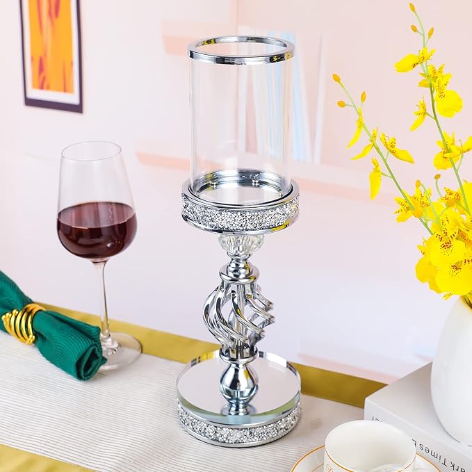 Hanjue Crystal Candle Holders for Pillar Candle, Metal Crystal Candle Holder for Home Decor, Centerpieces, Coffee Dining Table CH0509 (Silver (M))-Ruum Studio Home