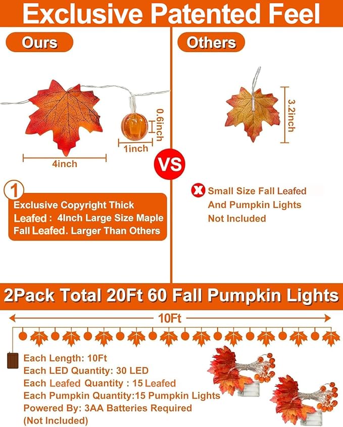 2 Pack Fall Garland with Pumpkin Lights Halloween Decorations Indoor 60 LED 20 Ft Enlarged Maples Leaves Fall Lights Battery Operated Halloween Garland Thanksgiving Decor Home Indoor Outdoor Christmas-Ruum Studio Home