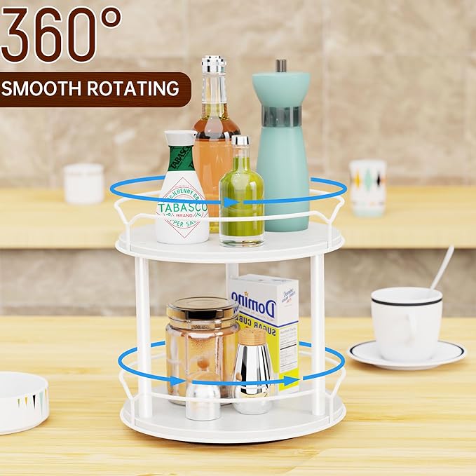 Lazy Susan Organizer 2 Tier - 9.2" Turntable Spice Rack for Table Top, Wooden Rotating Lazy Susan for Cabinet Pantry Kitchen Countertop Dining Table Cupboard Bathroom Vanity Storage(White)-Ruum Studio Home