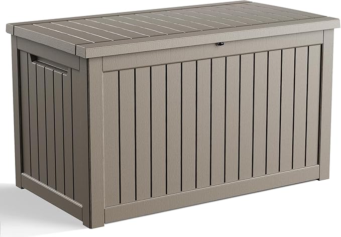 230 Gallon Outdoor Deck Box,Storage Lockable Waterproof Patio Furniture,Garden Tools,Cushions,Pool Accessories Outside Storage Resin Box(Grey)-Ruum Studio Home