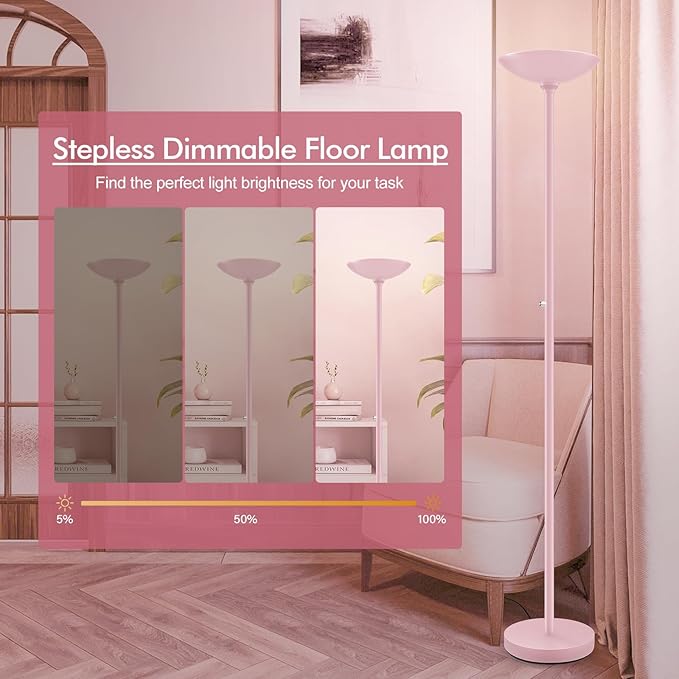BoostArea Torchiere Floor Lamp Pink, 30W Super Bright LED Standing Lamp, 3000K Stepless Dimmable Pole Lamp with Rotary Switch, 71inch Tall Metal Modern Floor Lamps for Living Room,Bedroom,Home Decor-Ruum Studio Home