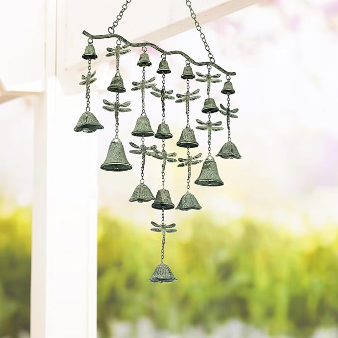 Dragonfly Wind Chimes for Outside, Large Strung Verdigris Windchimes with Wrought Iron Bell for Garden, Patio, Porch Outdoor Decor, Memorial Sympathy-Ruum Studio Home
