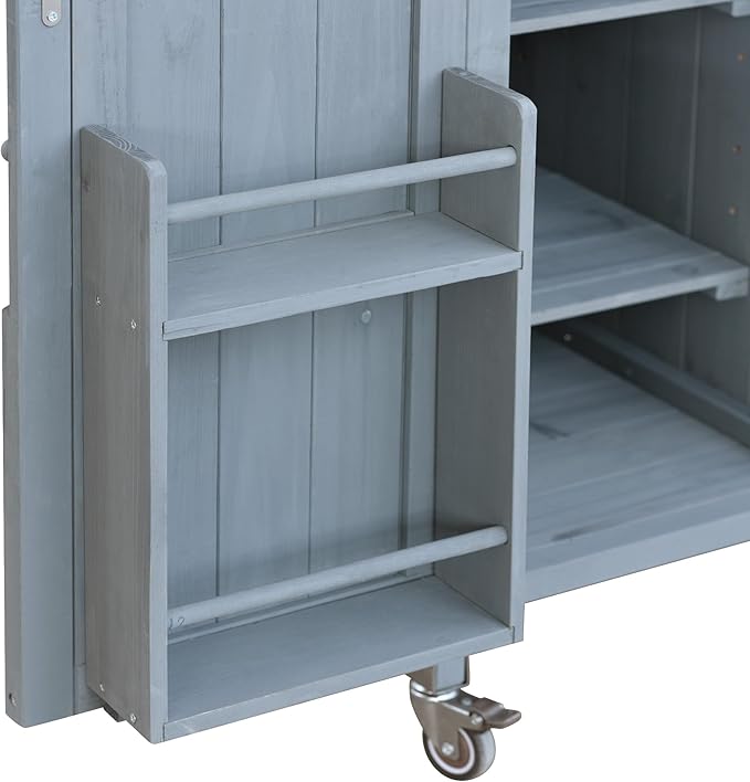 Outdoor Solid Wood Grill Table with Stainless Steel Top, Farmhouse Kitchen Island with Storage Cabinet, Outdoor Bar Cart with Internal Storage Rack, Spice & Towel Rack, Grey Blue-Ruum Studio Home