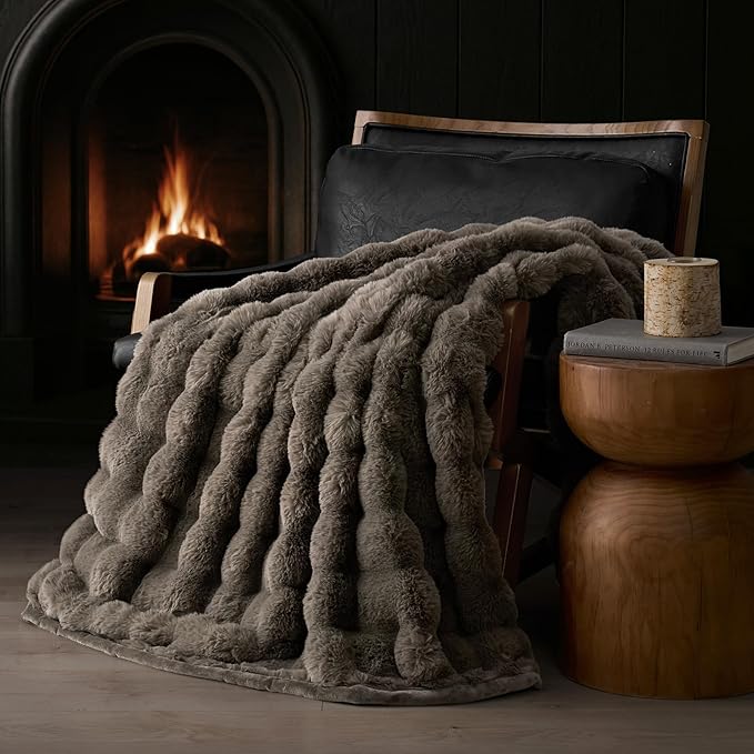 EVERGRACE Ultra Soft Luxury Fluffy Faux Rabbit Fur Throw Blanket, Thick Warm Fuzzy Blankets for Bed, Cozy Plush Reversible Blanket for Couch, Chair, Sofa, Dark Taupe, 60x80 Inches, 870 GSM-Ruum Studio Home
