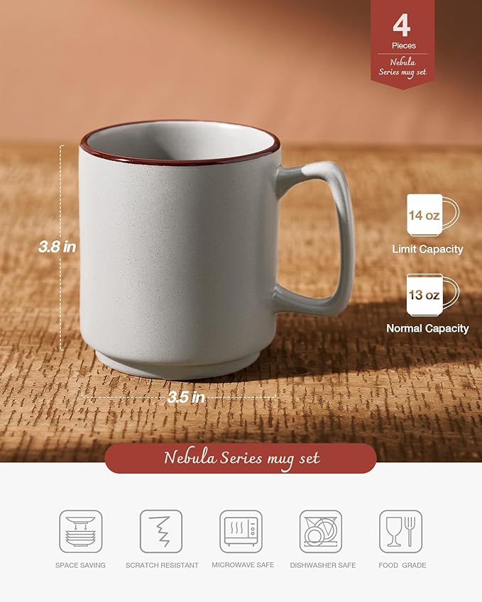 famiware Coffee Mugs Set of 4, Nebula 14oz Coffee Mugs, Ceramic Cup Set with Handle for Latte, Tea, Milk, Cappuccino, Cocoa, Light Gray-Ruum Studio Home