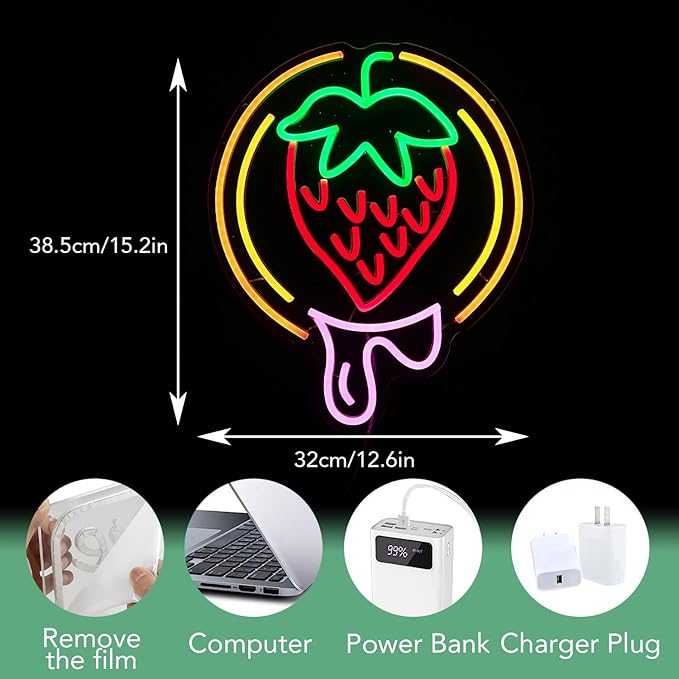Strawberry Neon Sign USB Powered Sweet Fruit Led Light Up Sign Dimmable Funny Neon Light Wall Decoration for Home Kitchen Fruit Market Dessert Shop Farmhouse Restaurants-Ruum Studio Home