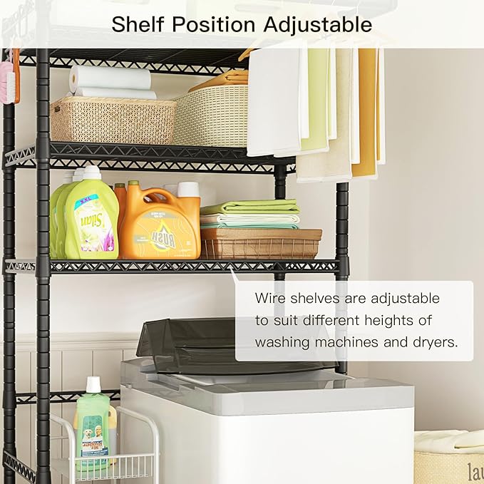 Ulif U11 Over Washer and Dryer Shelves, 3 Tiers Laundry Room Storage and Organizer Standing Shelf, Metal Freestanding Clothes Drying Rack, 33.9" W x 19.7" D x 77.6" H, Black-Ruum Studio Home