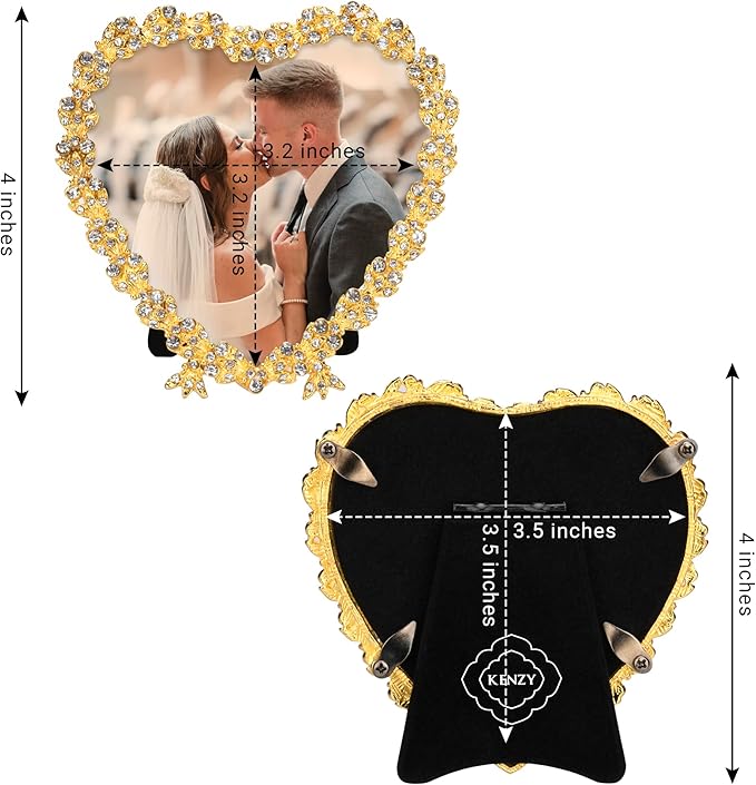 Heart Shaped Wedding Picture Frames for Couple - Beaded Crystal 4x4 Picture Frame – Engagement Gift, Wedding Gift for newlyweds - Fits 3.5x3.5 photo - Valentine Picture Frame (Golden)-Ruum Studio Home