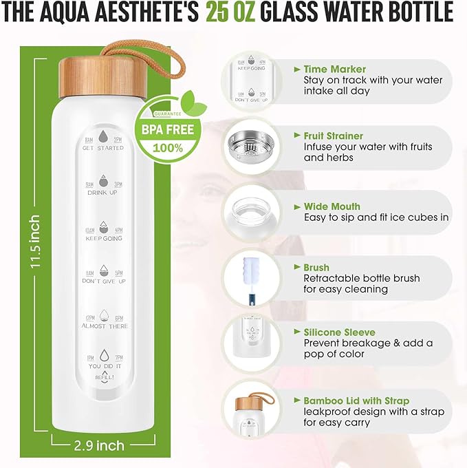 Aqulea Glass Water Bottles 25 Oz with Silicone Sleeve - BPA Free Reusable Wide Mouth Glass Motivational Water Bottles with Fruit Infuser – Leak Proof Borosilicate Water Bottle with Time Marker (White)-Ruum Studio Home