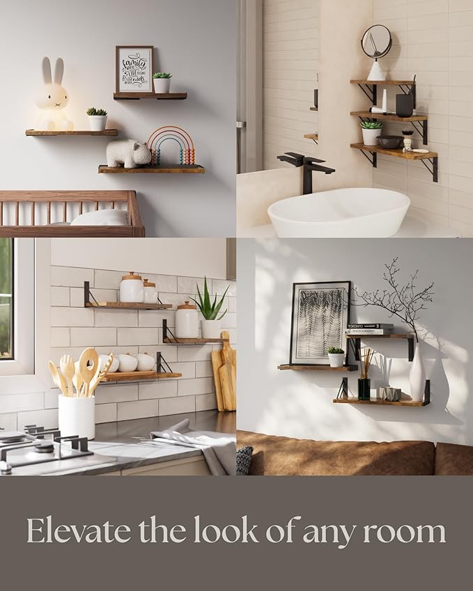 BAYKA Wall Shelves for Bedroom Decor, Floating Wall Shelves for Living Room Kitchen Storage, Wall Mounted Rustic Wood Floating Shelves for Kids Books,Corner Shelves for Bathroom(Set of 3)-Ruum Studio Home