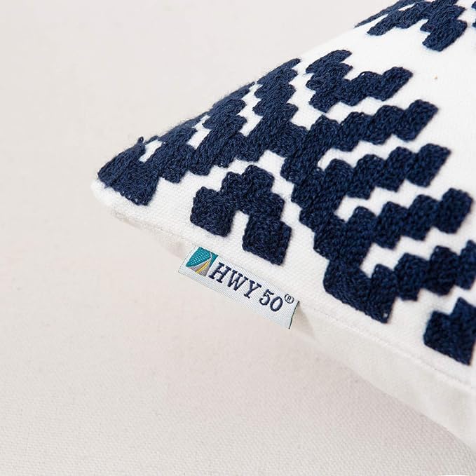 HWY 50 Navy Blue Decorative Throw Pillow Covers 18x18 Inch, Pack of 2 Embroidered Cotton Farmhouse Cushion Cover Pillow Case for Sofa Couch Living Room Bed Bedroon, Diamond Geometric Design-Ruum Studio Home