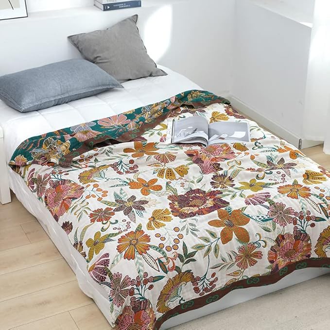 Boho Throw Blanket for Bed 60”x80”, 100% Cotton Woven Blanket for Couch Sofa, Ultra Soft 4-Layer Muslin Quilt with Floral Printed, Farmhouse Bed Blanket/Cover for Living Room Decor-Ruum Studio Home