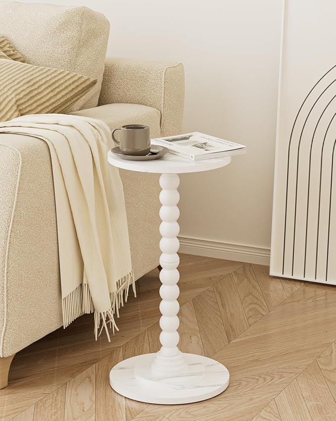 Masupu Round Side Table, Small Drink Table for Small Spaces, Pedestal End Table with Solid Wood Leg for Living Room, Bedroom, Corners(Marble White)-Ruum Studio Home