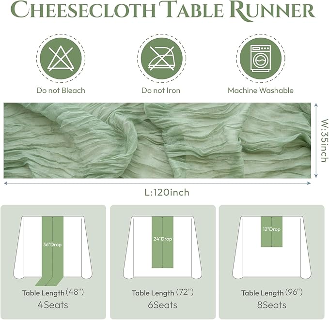 Sioloc 5 Pack Sage Green Cheesecloth Table Runner Fall Autumn Decor for Home 10ft Table Cloth for Tea Wedding Birthday Party Baby Bridal Shower Halloween Thanksgiving-Ruum Studio Home