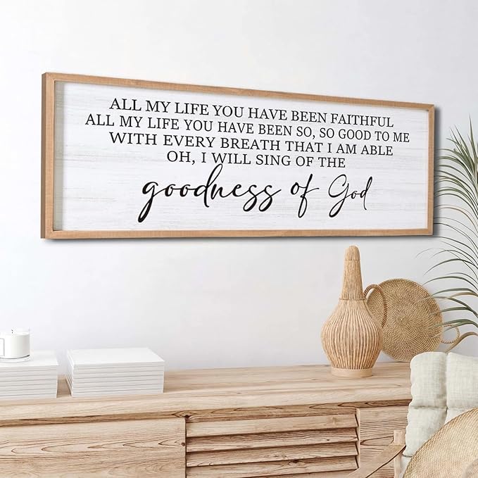 Goodness of God Framed Wall Art, 40''×15'' Positive Religious Natural Bible Verse for Christian God Jesus Christ Prayer, Vintage Rustic Long Holy Catholic Scripture Decor-Ruum Studio Home