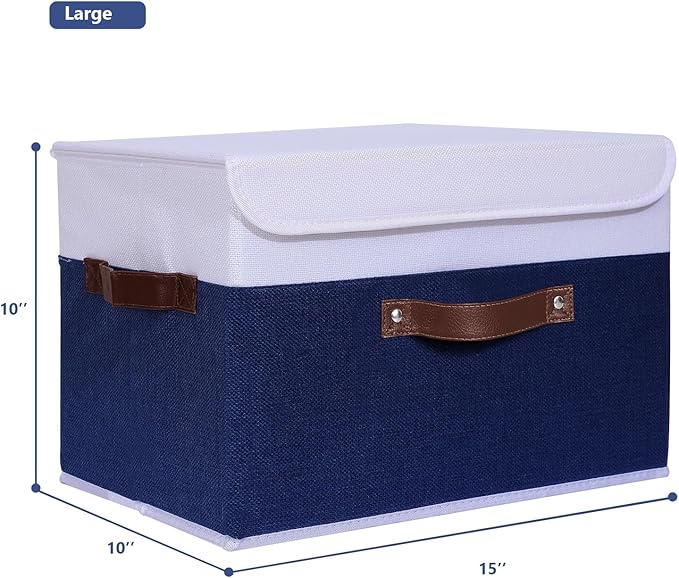 ANMINY 4PCS Storage Boxes with Lid Washable Decorative Storage Bin Basket with PU Leather Handle Foldable Linen Fabric Storage Cube Container for Home Closet Organizer - Deep Blue White, Large Size-Ruum Studio Home
