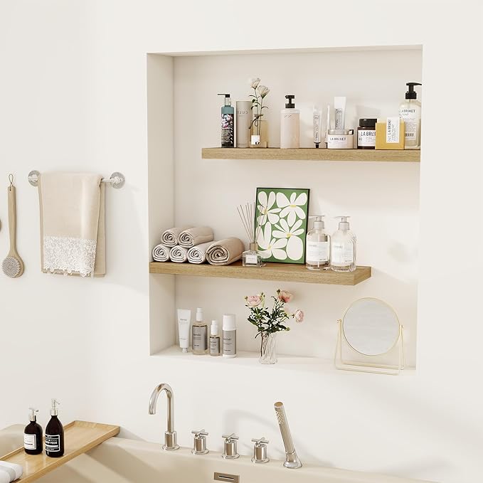 Fun Memories Floating Shelves for Wall, 24" Rustic Wood Deep Wall Mounted Shelves with Invisible Brackets for Decor & Storage, Floating Shelf for Living Room, Bathroom (Oak, Set of 2)-Ruum Studio Home