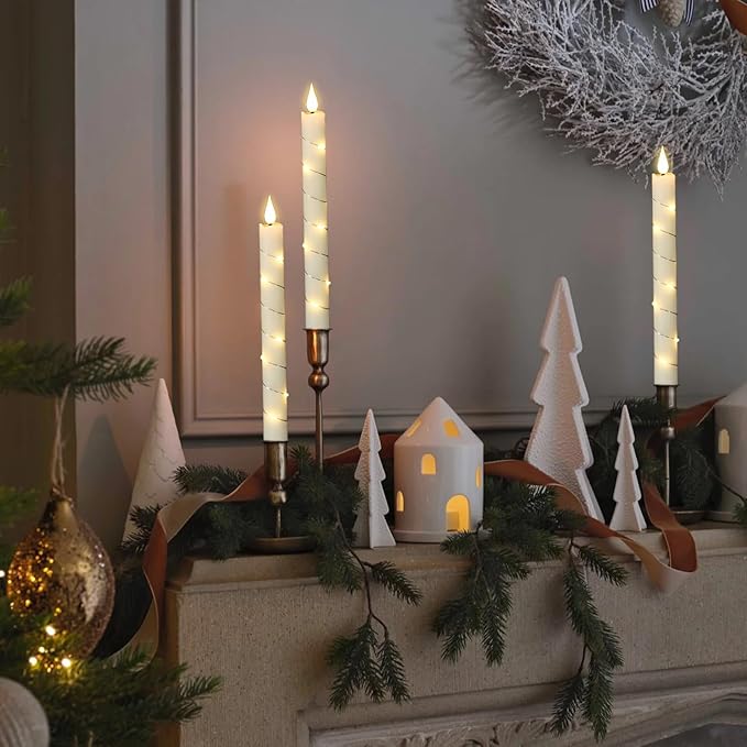 GenSwin Flameless Taper Candles with Remote and String Lights, Ivory Real Wax Taper Candles Battery Operated, LED Flameless Battery Candlesticks for Home Holiday Decor(Set of 6)-Ruum Studio Home