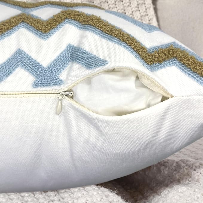 Alysheer Embroidered Decorative Throw Pillow Cover 18"x 18" Set of 2, Classic Boho Geometric Embroidery Pattern Cotton Rectangular Cushion Case for Sofa Couch Living Room Bedroom (Blue Khaki)-Ruum Studio Home