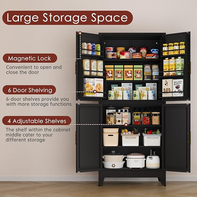 75" H Metal Storage Cabinet, Pantry with 6 Door Shelves and 4 Adjustable Shelves, Leveling Foot for Kitchen, Living Room and Dinning Room, Black-Ruum Studio Home