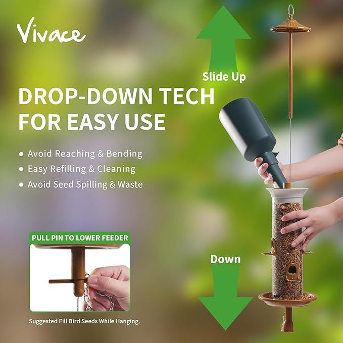 Vivace Hanging Bird Feeders, Easy to Fill 12" Tube Metal Bird Feeder for Outdoors, 4 Ports, with S Hook-Ruum Studio Home
