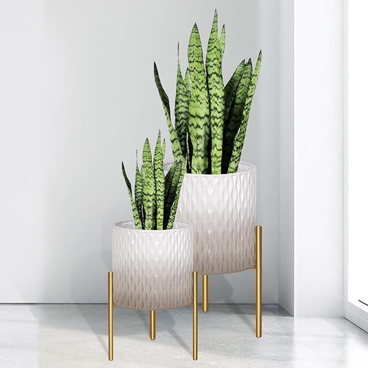 ARNIS Plants Pots with Stand, Set of 2 Indoor Planter Pots, Unique Mid Century Decorative Metal Flower Pots with Drainage,8.25 & 10.5 Inch, Grey and White-Ruum Studio Home
