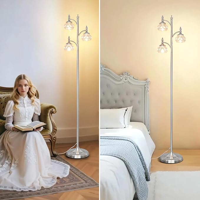 Brushed Nickel Floor Lamp 66.5'' Tall Standing Lamp Dimmable Tree Floor Lamps with 3 LED Lights Glass Shades Silver Lamp for Living Room Bedroom Office(3 Bulbs Included)-Ruum Studio Home