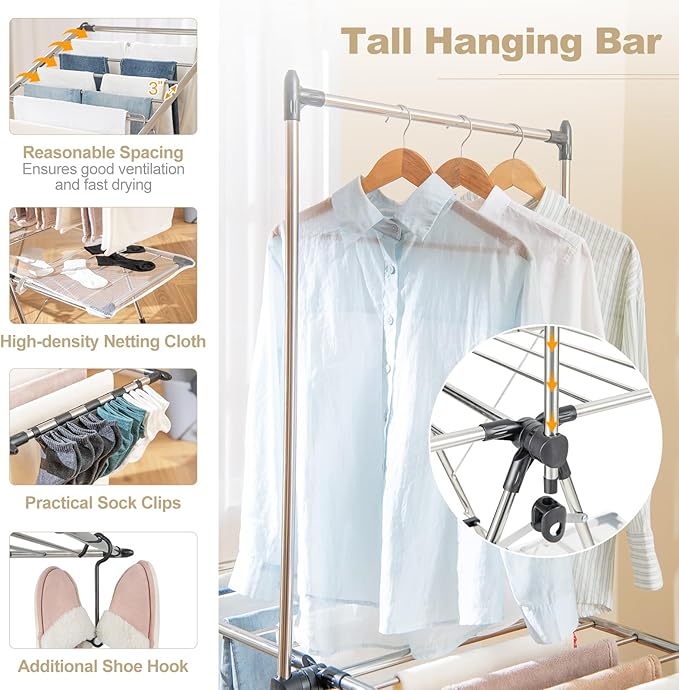 Tangkula Foldable Clothes Drying Rack, 2-Tier Laundry Drying Rack w/Tall Hanging Bar, Height Adjustable Gullwing, Freestanding Garment Stand for Indoor Outdoor Use-Ruum Studio Home