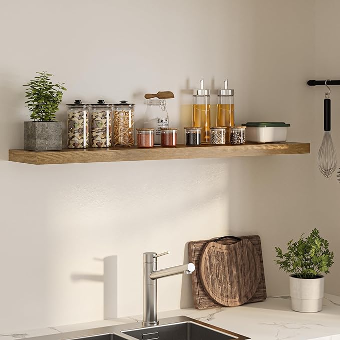 Floating Shelves for Wall, 55"W x 9.3"D x 1.5"H, Long Wooden Wall Mounted Display Shelves with Invisible Brackets for Living Room, Bedroom, Bathroom, Kitchen Decor and Storage, Set of 1, Oak-Ruum Studio Home