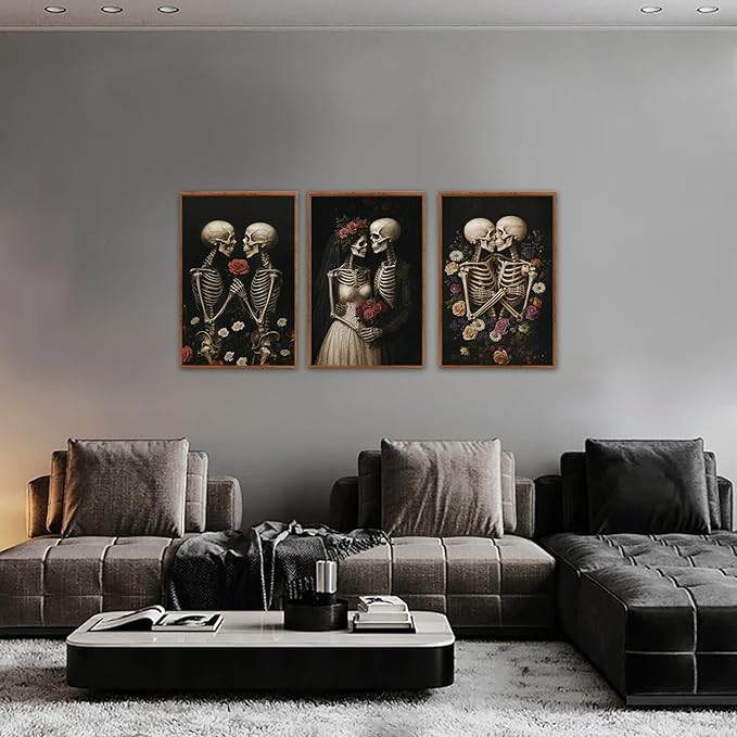 HLNIUC Halloween Rose Wedding Framed Wall Art,Vintage Skeleton Rose Canvas Prints,Abstract Romantic Theme Wall Decor Set of 3(16”x24”)Dark Romance Framed Painting,Roses Skull Art Print for Living Room-Ruum Studio Home